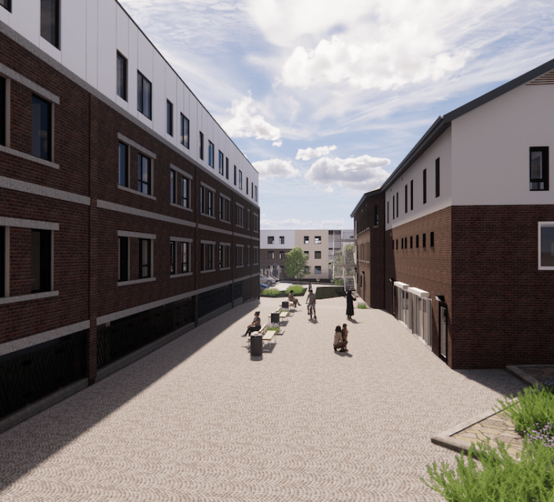 Royal Oak Dairy – stables and south tower – rendering Royal Oak Dairy - stables and south tower and courtyard - rendering