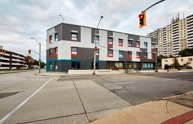 Street view photo of Indwell's Parkdale Landing in Hamilton from across the road on Melvin Ave