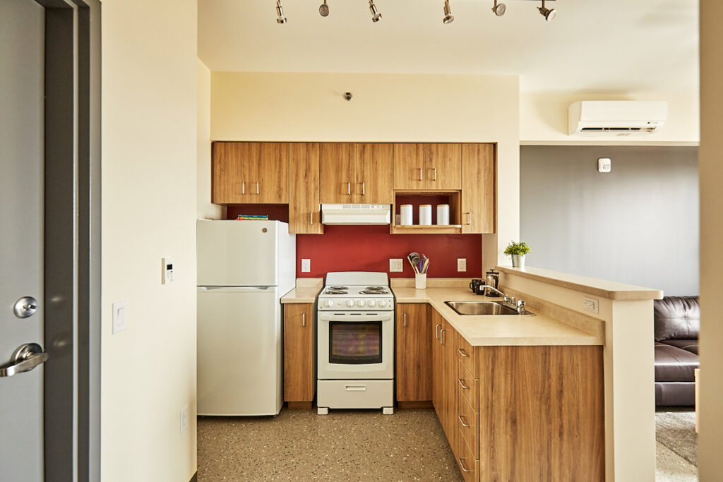 Kitchen in an apartment at McQuesten Lofts in Hamilton