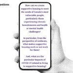 Illustration of someone holding a phone that says, "How can we create supportive housing to meet the needs of Canada's most vulnerable people, particularly those experiencing chronic homelessness and health or mental health challenges? In particular, from the perspective of residents, what makes supportive housing work or not work for them? And, what are the particular impacts of COVID-19 related to living in supportive housing?"