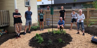 Tenants and volunteers from A Rocha at a new garden near Rudy Hulst Commons, Hamilton - 2020